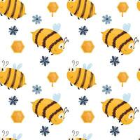 Vector pattern with bees, honeycombs and flowers