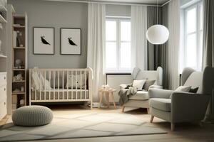 AI Generated AI generation. Modern interior design of a childrens room in Scandinavian style. photo