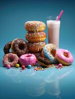 AI Generated Ai generation. Donuts and a glass of pink milkshake on a blue background. Sweets photo