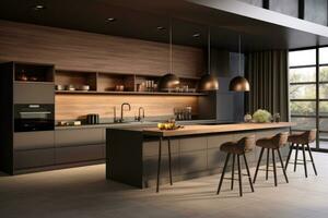 AI Generated AI generation. Sleek and modern, the dark kitchen exudes industrial flair and photo