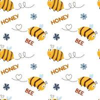 Vector pattern with bees, flowers and words honey, bee