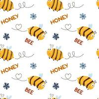 Vector pattern with bees, flowers and words honey, bee