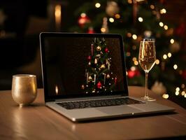 AI Generated AI generation. An open laptop stands on a table near the New Year tree. Merry Christmas photo