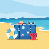 Retro travel suitcase on tropical beach. Beach hat, sunglasses, inflatable circle, rubber beach slippers. Travel concept. Summer vacation. Vector illustration.