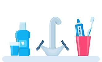 Bathroom sink with toothpaste and toothbrush, mouthwash, glass of water. Dental cleaning tools. Oral care and hygiene products. Vector illustration.