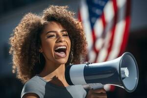 Energetic Young Woman with Megaphone Embraces Martin Luther King Day, ai generative photo