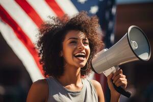 Joyful Female Activist Celebrates Martin Luther King Day with Megaphone, ai generative photo