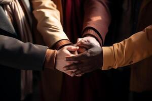 un multicultural reunión abrazando unidad, ai generativo foto