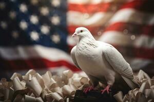 A White Pigeon Amidst the American Flag, ai generative photo