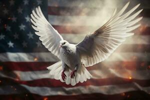 Graceful White Dove Soaring Against the Stars and Stripes, ai generative photo