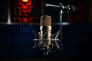 Microphone on stand in recording studio, close-up. Music concept, Modern professional microphone in recording studio, AI Generated photo