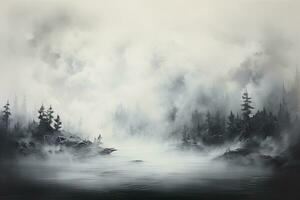 Foggy forest landscape with a river in the foreground. Digital painting, monochromatic painting depicting a hazy atmosphere filled with smoke, AI Generated photo