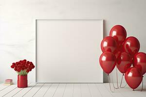 Blank frame mock up with red balloons and bouquet of tulips in interior. 3D rendering, mock up poster in interior background with red balloons, AI Generated photo