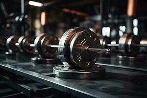 Dumbbells on the rack in a gym. Sport equipment, Metal dumbbells lying on the gym fitness club, AI Generated photo