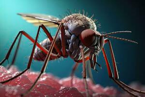 3d rendering of a mosquito on red blood cells and blue background, microscopic image of a mosquito, AI Generated photo