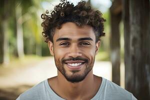 retrato de sonriente africano americano hombre con Rizado pelo en parque, mezclado carrera hombre sonriente, ai generado foto