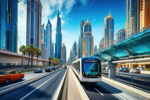 dubai metro como del mundo mas largo completamente automatizado metro red , Dubái, eau, metro ferrocarril entre entre vaso rascacielos en Dubái tráfico en calle en Dubái, ai generado foto