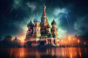 St. Basil's Cathedral on Red Square at night, Moscow, Russia, Moscow St. Basil's Cathedral Night Shot, AI Generated photo