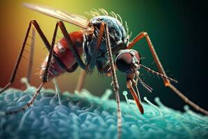 3d representación de un mosquito mosquito en vistoso fondo, microscópico imagen de un mosquito, ai generado foto