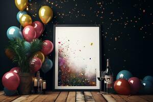 Blank picture frame mockup with colorful balloons on dark background. 3D Rendering, mock up poster with party decoration, AI Generated photo