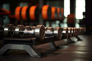 Dumbbells in a row in a gym. Close up, Metal dumbbells lying on the gym fitness club, AI Generated photo