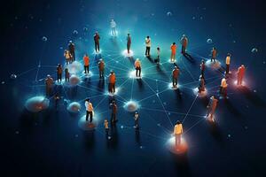 Social network concept with 3d people on dark blue background. 3D rendering, Network community, Teamwork, and Social network Concept illeastration, AI Generated photo