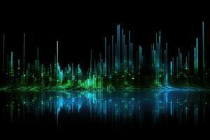 Futuristic technology wave background design with lights and speed motion lines, Modern technology wallpaper and blue and green binary sound waves on Black background, AI Generated photo