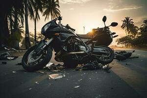 motocicleta choque en el la carretera en el ciudad con puesta de sol fondo, motocicleta bicicleta accidente y coche chocar, roto y destrozado moto en camino, ai generado foto