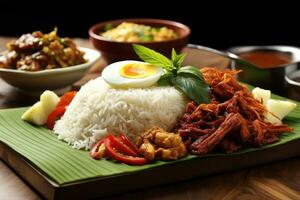 Rice with fried pork, egg and vegetables on a wooden table, Nasi Lemak wrapped in banan leaf. Malaysian Food and Malaysia Flag, AI Generated photo