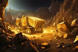 Dump truck in the desert. 3D illustration. Fantasy, mining gold, AI Generated photo