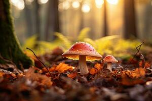 Red fly agaric Amanita muscaria in autumn forest, mushroom in the autumn HD 8K wallpaper Stock Photographic Image, AI Generated photo