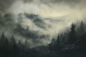 Foggy landscape in the mountains with coniferous forest, monochromatic painting depicting a hazy atmosphere filled with smoke, AI Generated photo