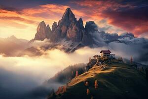 Fantastic sunset in the Dolomites mountains, Italy, Mountains in fog with beautiful house and church at night in autumn. Landscape with high rocks, blue sky with moon. Rocky, AI Generated photo