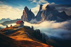 fantástico otoño paisaje con pequeño capilla en el dolomitas, Italia, montañas en niebla con hermosa casa y Iglesia a noche en otoño. paisaje con alto rocas, azul cielo con luna, ai generado foto