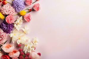 Flowers composition on pink background. Flat lay, top view, copy space, Mothers day spring flowers with copy space, AI Generated photo