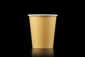 Side view yellow empty disposable paper fast food cup isolated on black background. Generative AI photo