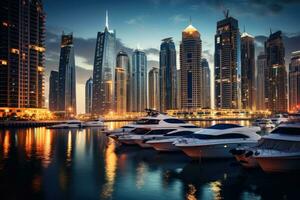 Dubai Marina at night in Dubai, UAE. Dubai was the fastest developing city in the world between 2002 and 2008, Modern buildings in Dubai Marina, Dubai, AI Generated photo