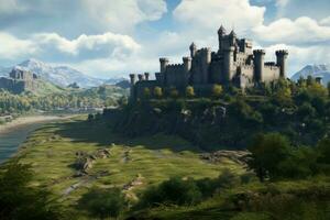 fantasía paisaje con medieval castillo en el montañas. 3d representación, medieval fortaleza castillo con sierras, montañas, verde campos, ai generado foto