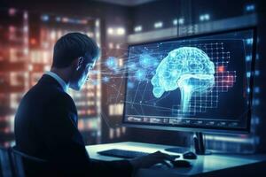 Side view of young businessman using computer with brain hologram. Toned image double exposure, Doctor checking brain testing result with computer interface, Abstract, AI Generated photo
