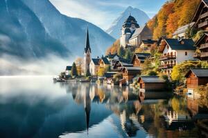 Hallstatt village in autumn. Hallstatt is a village in the Salzkammergut region, Austria, Misty autumn scene of Hallstatt lake. Splendid morning viev of Hallstatt village, AI Generated photo