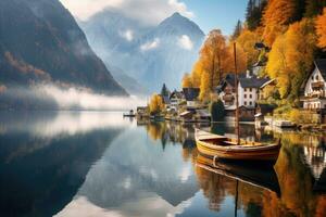 Hallstatt lake in autumn, Salzkammergut, Austria, Misty autumn scene of Hallstatt lake. Splendid morning viev of Hallstatt village, AI Generated photo