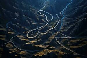 Landscape of the Zabriskie Point in Death Valley National Park, California, Mountain Pass, Mountains windy roads, aerial view, AI Generated photo