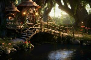 Beautiful fantasy garden with wooden bridge over the river in the evening, Fairy house on the river and wooden bridge, AI Generated photo