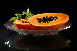 Papaya fruit on a glass plate on a black background, Exotic and juicy A platter of succulent papaya vib, AI Generated photo