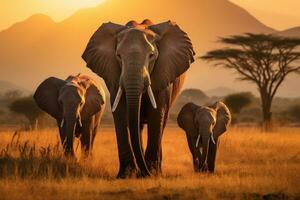 africano elefante loxodonta africana en serengeti nacional parque, Tanzania, elefantes caminando por el césped en sabana. hermosa animales a el fondo de montañas a atardecer, ai generado foto