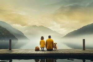 Man and woman sitting on a wooden pier and looking at a lake in the mountains, Family with a small yellow dog resting on a pier and looking at lake and foggy mountains, AI Generated photo