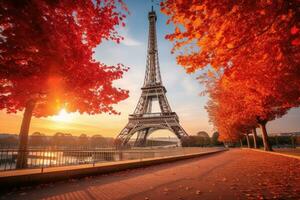 el eiffel torre en París a atardecer, Francia. hermosa ver de el eiffel torre en otoño, eiffel torre con otoño hojas en París, Francia, ai generado foto