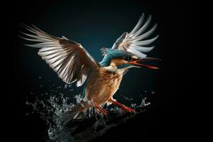 Flying kingfisher on a dark background with splashes of water, Female Kingfisher emerging from the water after an unsuccessful dive to grab a fish, AI Generated photo