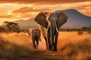 Elephants at sunset in Serengeti National Park, Tanzania, Elephants walking by the grass in savannah. Beautiful animals at the backdrop of mountains at sunset, AI Generated photo