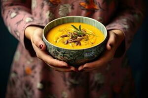 mujer participación cuenco de calabaza sopa, de cerca. sano comida concepto, hembra manos participación un cuenco de calabaza sopa cerca arriba vista, ai generado foto